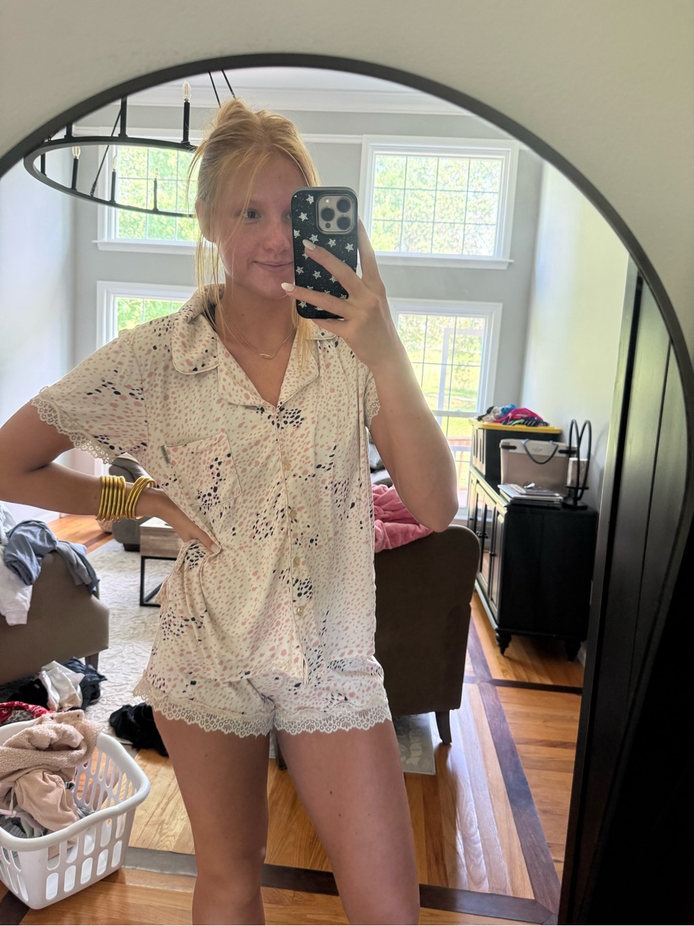 Women's Short Pajama Set - White Floral Lace Trim